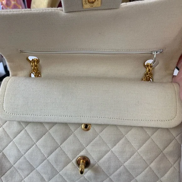 Chanel Beige Cotton Double Flap Quilted Handbag - Picture 6 of 10
